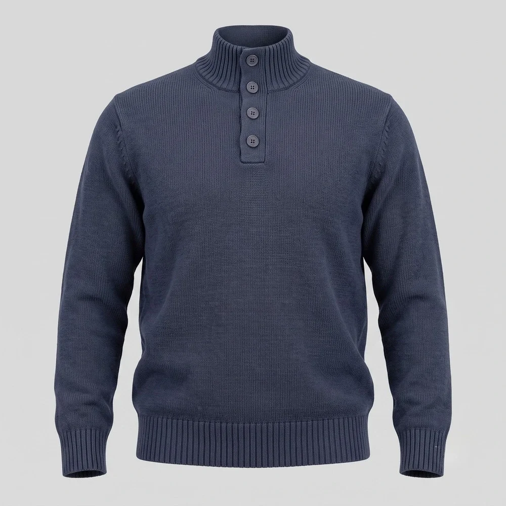 Basic Editions Mens Large Navy Blue Sweater Mock Neck Quarter Button Cotton Knit